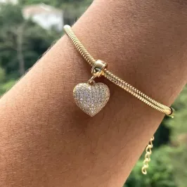 PULSEIRA DOURADA GROSSA CORAÇÃO CRAVEJADO