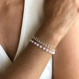 PULSEIRA PRATA DUPLA PEROLAS E ASTES