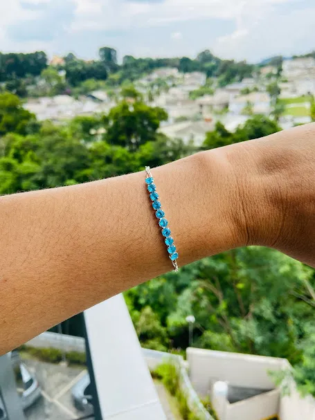 Pulseira Elo com Pedra Azul Tiffany Banhado a Prata 925 Hipoalérgica