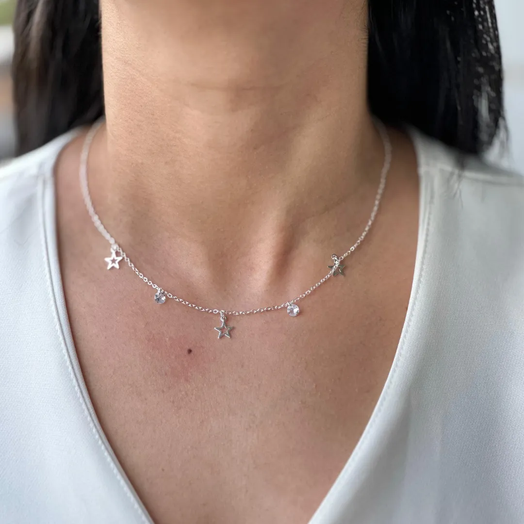 GARGANTILHA PRATA  CHOKER ESTRELAS COM PONTOS DE LUZ