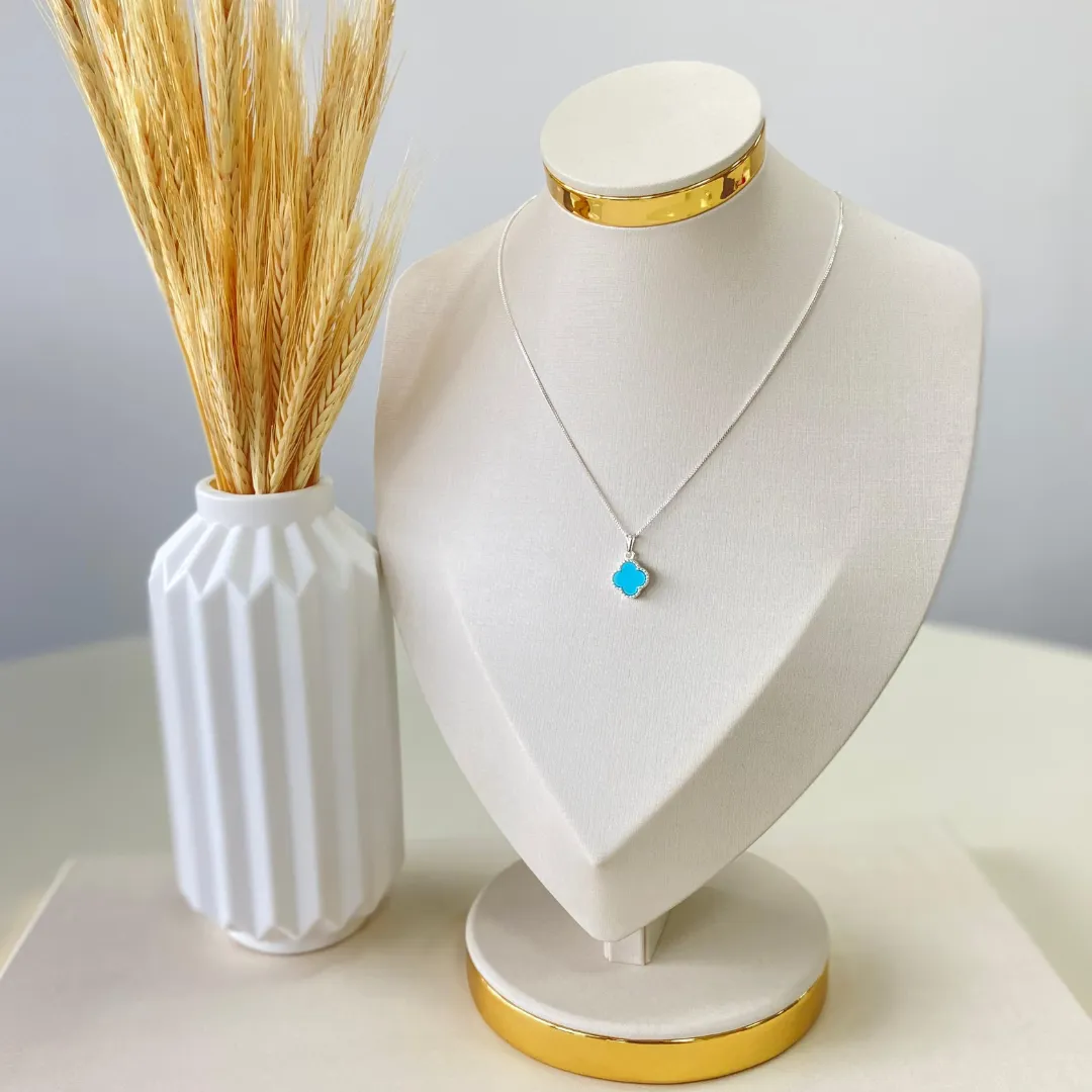 GARGANTILHA PRATA TREVO AZUL CLARO INSPIRAÇÃO VAN CLEEF