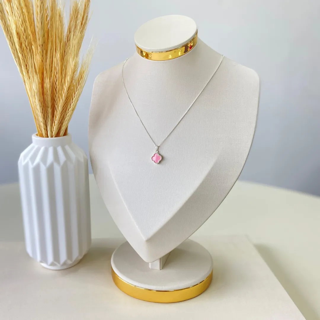 GARGANTILHA PRATA TREVO ROSA CLARO INSPIRAÇÃO VAN CLEEF